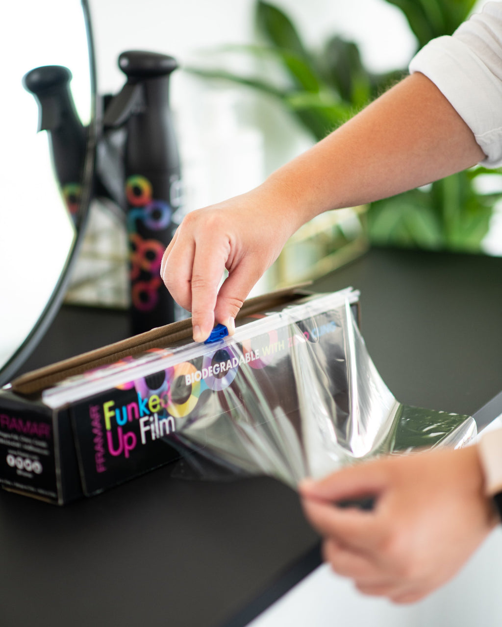 Framar funked up film, funked up film, hair coloring film, cling free film, cling free, hair dye cling film, hair coloring film, hair color laminating film