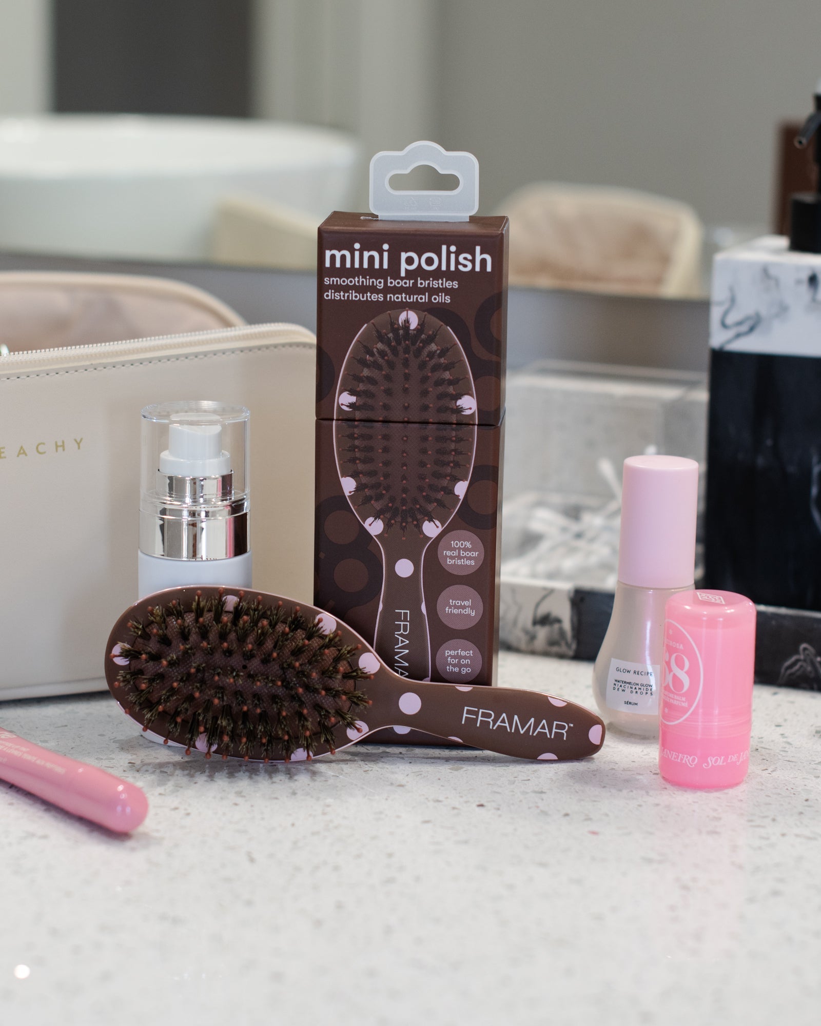 Mini Polish Brush - Pink Dots on Chocolate